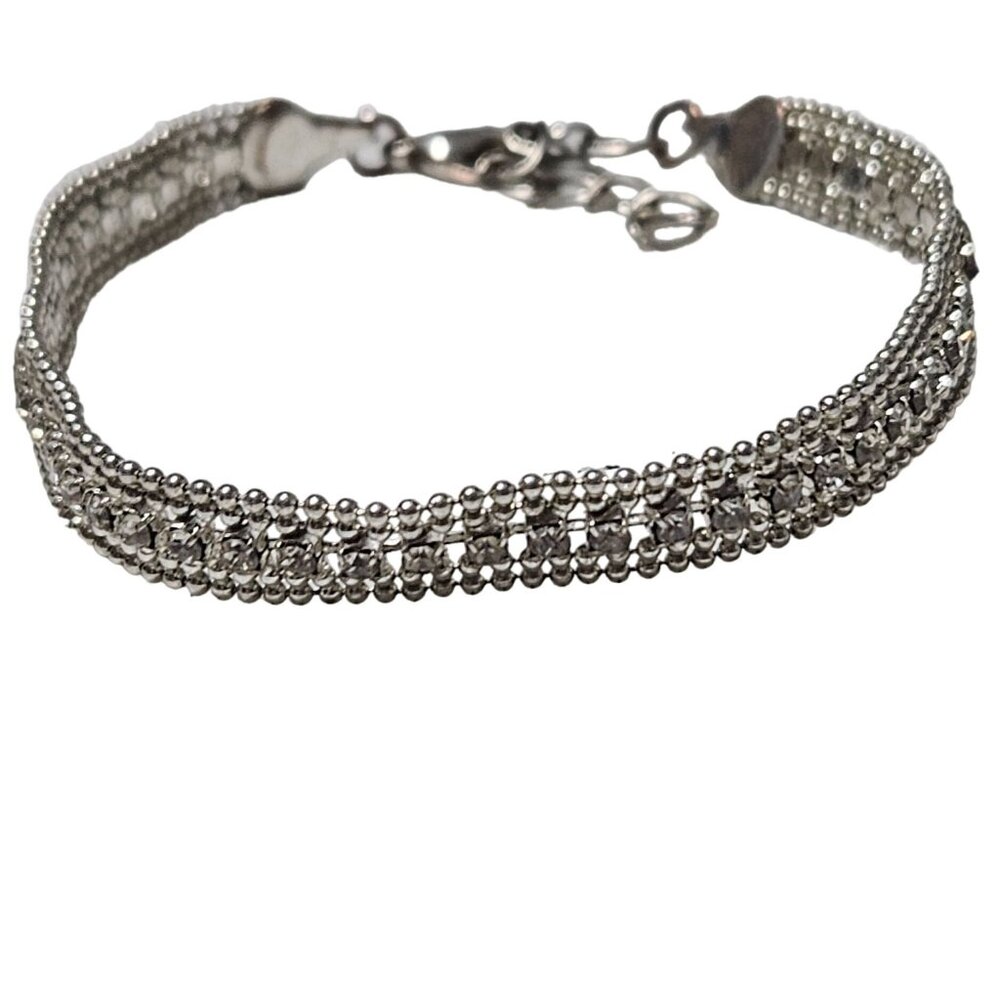 Elegant Rhinestone Beaded Tennis Bracelet Silver Tone Classic Fashion Jewelry